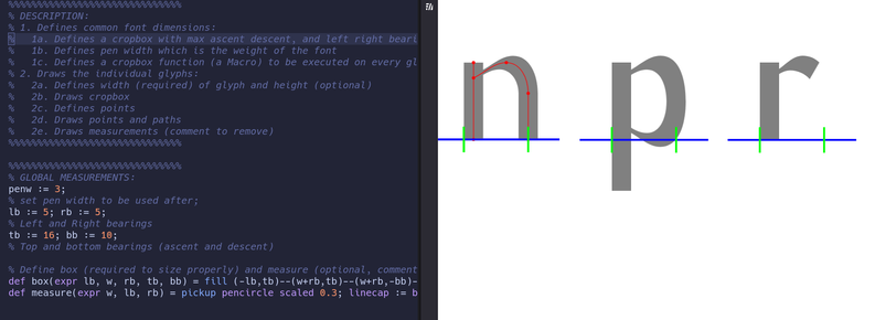 Screenshot of the contents of a Metapost script to create glyphs next to a generated html file displaying them with their measurements