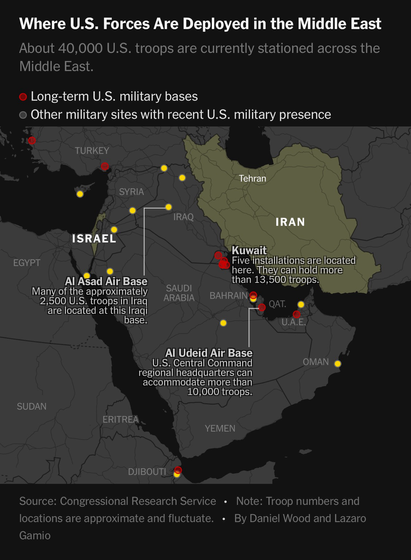 Where U.S. Forces Are Deployed in the Middle East About 40,000 U.S. troops are currently stationed across the Middle East. (Red dot) Long-term U.S. military bases; (yellow dot) Other military sites with recent U.S. military presence