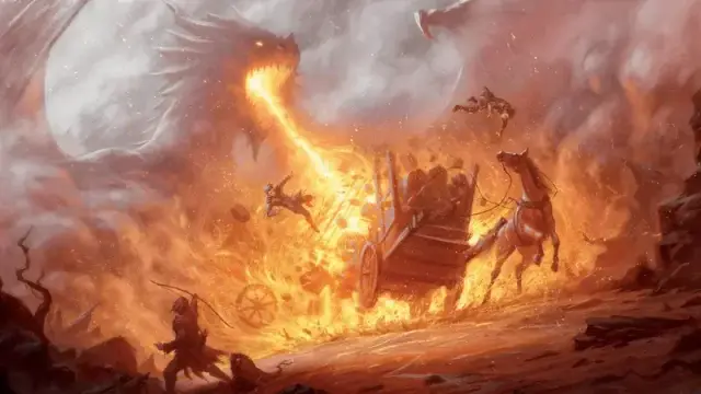 Official D&D artwork, featuring a red dragon breathing fire on a wagon of fleeing adventurers.