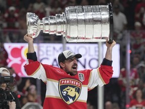 Florida Panthers centre Brad Marchand skates with the Stanley Cup after defeating the Edmonton Oilers.