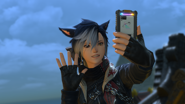 A blue-haired miqo'te, holding up a tomestone phone in her left hand. She is waving to it and smiling.