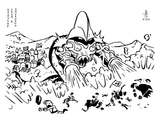 ink drawing of a giant monster defending a mountain village from an invading army. The monster has a serpentine body, a large helmet-like crest with two eyes peering out underneath, a mounth and mandibles at stomach level, and two arms that end in wide funnel openings, with thick veins wrapping the arms and torso. The monster is shooting energy out of its arms, blasting the ground where an army advances, throwing tanks and soldiers into the air