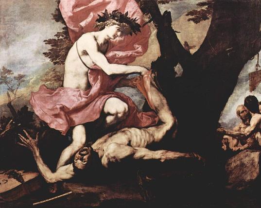 Apollo flays Marsyas alive after winning his music duel. Painting by José de Ribera.