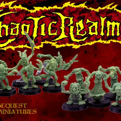 A collection of hand-sculpted miniatures from beQuest Miniatures is displayed, featuring various chaotic critters in dynamic poses. The miniatures are cast in a green material and are set against a dramatic red background, with the title "Chaotic Realms" prominently featured in a bold, stylized font. The beQuest logo is visible in the lower left corner, adding to the overall thematic presentation.