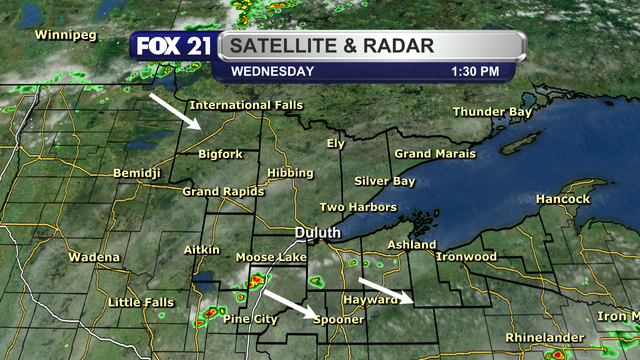 The satellite and radar over the Northland at 1:30 p.m. on Wednesday, June 18, 2025, shows a mix of sunshine and clouds.  A line of scattered pop-up showers has formed in the I-35 corridor and northwest Wisconsin from Ashland west/southwest to Pine City, moving to the east/southeast.  Another mostly solid line of showers is expected to push into Koochiching County later this afternoon.