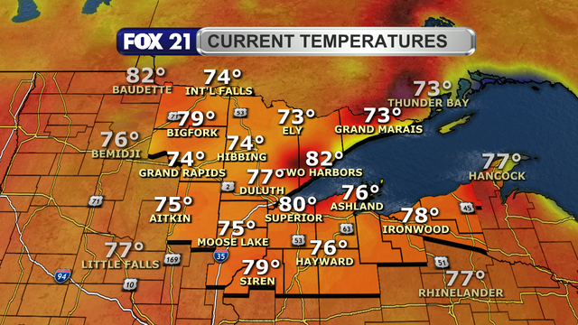 Temperatures in the Northland just after 1 p.m. on June 18, 2025, range from 73 to 82 degrees Fahrenheit.