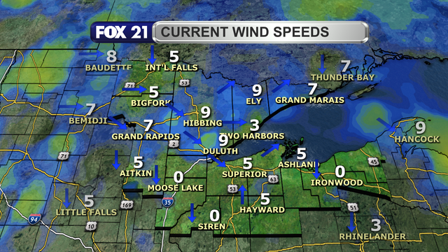 Wind speeds in the Northland just after 1 p.m. on June 18, 2025, range from calm to 9 mph.  Wind direction is primarily from the northwest and north.