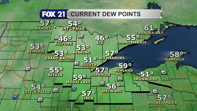 Dew point readings across the Northland just after 1 p.m. on June 18, 2025, range from 46 to 59 degrees Fahrenheit.