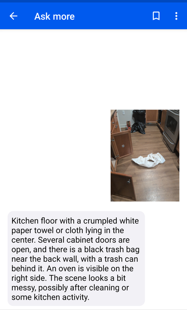 Screenshot of the app Be My Eyes. There is an image then under it is a description "Kitchen floor with a crumpled white paper towel or cloth lying in the center. Several cabinet doors are open, and there is a black trash bag near the back wall, with a trash can behind it. An oven is visible on the right side. The scene looks a bit messy, possibly after cleaning or some kitchen activity."