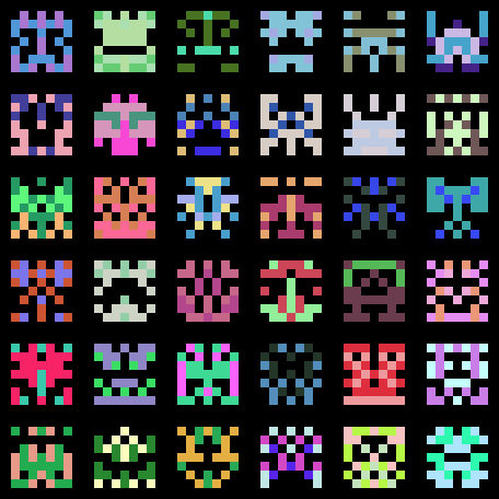 a 6x6 grid of multicolored 7x7 pixel aliens a la space invaders