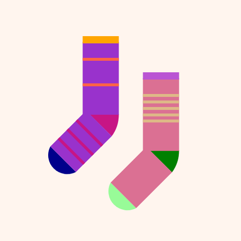 Two socks: One is a DarkOrchid sock with a MediumVioletRed heel, a DarkBlue toe, and an Orange cuff, with two Tomato stripes on the leg and three MediumVioletRed stripes on the foot, and the other is a PaleVioletRed sock with a Green heel, a PaleGreen toe, and a MediumOrchid cuff, with five Burlywood stripes on the leg, all on a Seashell background.