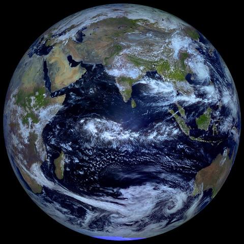 2013 September 28

Equinox Earth
 * Image Credit: Roscosmos / NTSOMZ / zelenyikot.livejournal.com
 * Courtesy: Igor Tirsky, Vitaliy Egorov

Explanation: 
From a geostationary orbit 36,000 kilometers above the equator, Russian meteorological satellite Elektro-L takes high-resolution images of our fair planet every 30 minutes. But only twice a year, during an Equinox, can it capture an image like this one, showing an entire hemisphere bathed in sunlight. At an Equinox, the Earth's axis of rotation is not tilted toward or away from the Sun, so the solar illumination can extend to both the planet's poles. Of course, this Elektro-L picture was recorded on September 22nd, at the northern hemisphere's autumnal equinox. For a moment on that date, the Sun was behind the geostationary satellite and a telltale glint of reflected sunlight is seen crossing the equator, at the location on the planet with satellite and sun directly overhead (5MB animated gif). 

Authors & editors: Robert Nemiroff (MTU) & Jerry Bonnell (UMCP)
NASA Official: Phillip Newman Specific rights apply.
NASA Web Privacy Policy and Important Notices
A service of: ASD at NASA / GSFC
& Michigan Tech. U.