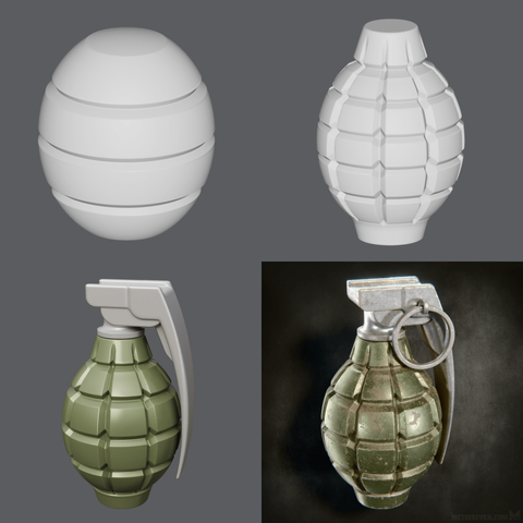 3D modeling stages of a rusty old hand grenade.