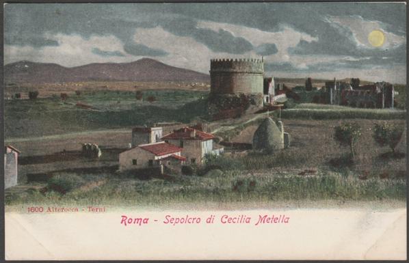 Printed colour postcard showing a view of the 1st century BC mausoleum of Cecilia Metella on the Via Appia just outside Rome in Italy.

Published by Virgilio Alterocca, Terni, No 1600, c.1905.

Postally unused.

Very good condition, with very slight corner bumps, but some album marks.