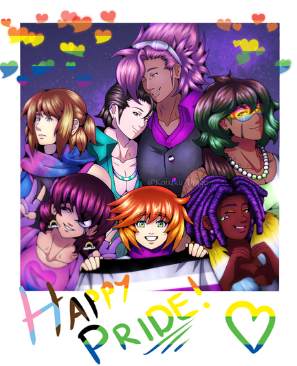 A polaroid photo of 7 people with the text, "Happy Pride! <3" In the front is Spica with a Bisexual and Demi-Girl colored outfit, Gamma with the asexual flag, and Halley with a Aroace colored outfit. In the second row is Maven with a Bisexual colored outfit and Vega with an Agender colored outfit and sunglasses with Pansexual flag colors. In the back is Altair (wearing mlm flag colored clothes) and Rigel (wearing asexual and biromantic colored clothes). In the background is a starry sky.