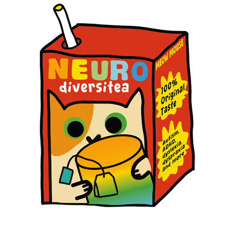 A drink packet with the words "Neurodiversitea" on it and a drawing of a cat holding a colourful drink with a tea bag inside. On the side of the drink packet are the words "100% original taste" and " Autism, ADHD, dyslexia, dyspraxia and more"