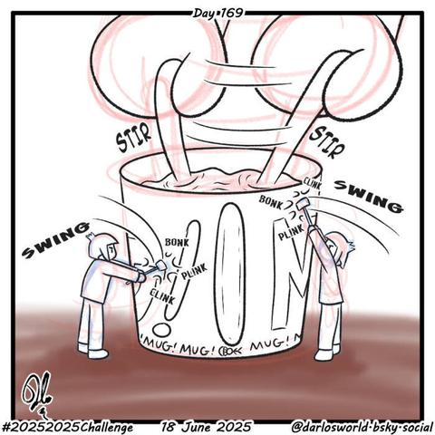 Drawing of two tiny Darlos hitting a mug with hammers while a hand stirs the drink.