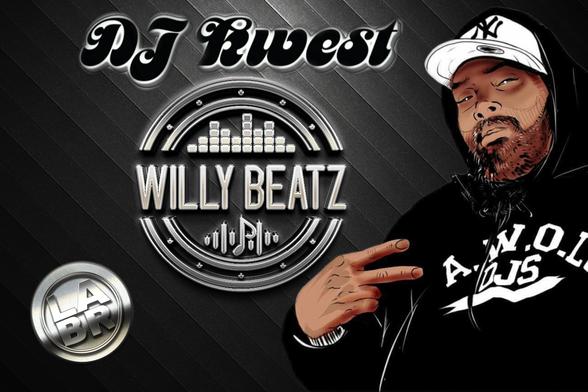Grey and black background. DJ Kwest in Black fancy letters. A broken circle in the middle with metre's at the top of the circle. A musical note on the bottom with wave lines on each side of the note. In the middle of the circle is the name of the show. Willy Beats in all Caps. Bottom right hand side is an LABR Circle. On the right side is a cartooned version of DJ Quest. Stocky black man with a black hoody on, with A.W.O.L. DJ's on the front. Brown Beard. White baseball cap. With Kwest looking at us, holding the peace sign to the side.
