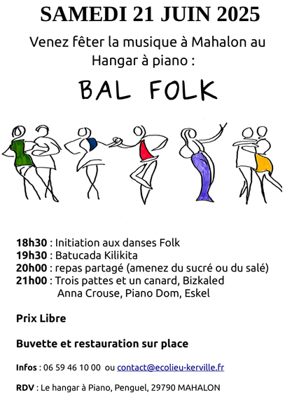 Affiche du bal et fête de la musique au Hangar à Piano. Il y a un joli dessin de danseurs et danseuses, le programme et l'adresse.