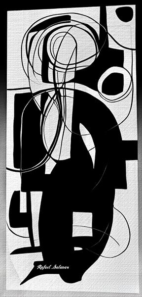 Black-and-white abstract artwork with bold black geometric shapes over a white background, intersected by curved and angular black lines creating visual rhythm.