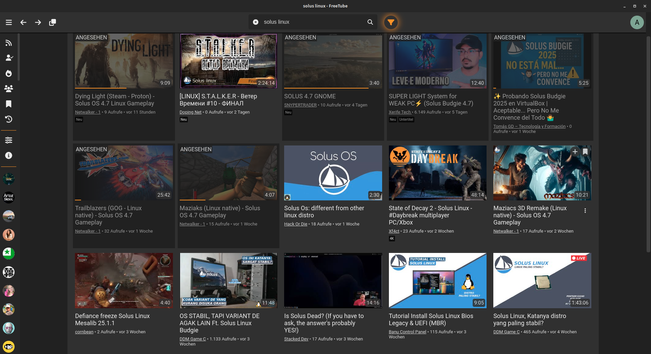 Screenshot der Videosuche nach "Solus Linux" in der Freetube-App.