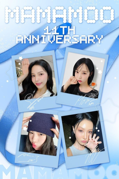 A picture saying "MAMAMOO 11TH ANNIVERSARY" and a picture of each one of the 4 members: Solar, Moonbyul, Wheein and Hwasa