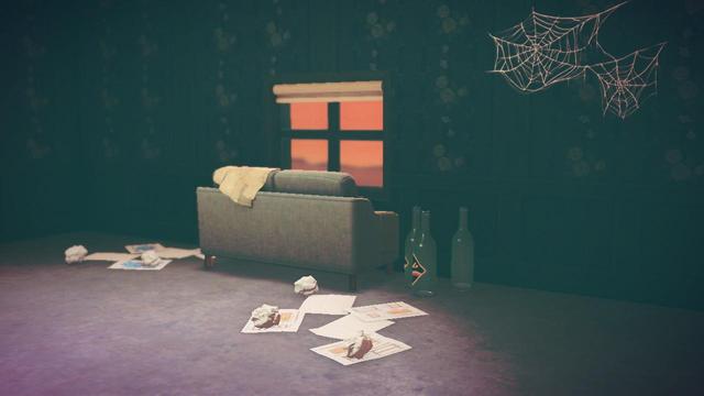 Animal Crossing: New Horizons screenshot. Set in a darkened room with purple floral wallpaper and concrete flooring. There are spiderwebs visible on the wall. A sloppy, grey couch is seen from behind facing a window. Scattered papers are on the ground, and three empty bottles are sitting next to the couch.