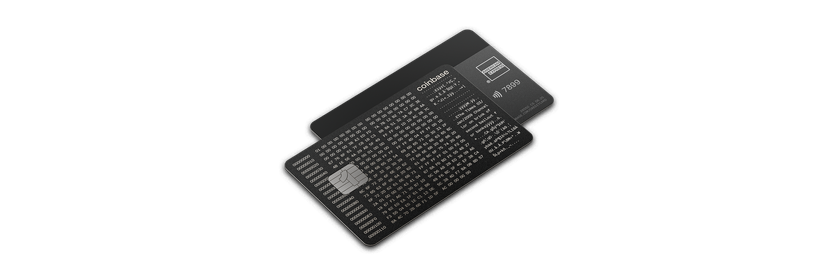 Coinbase credit card. A black card with white writing on the front with a message from the Bitcoin genesis block, and American Express on the back.