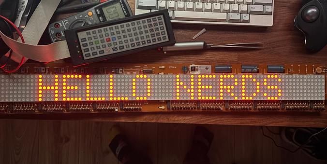An LED Matrix display which says Hello Nerds
