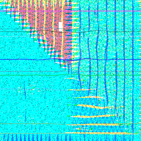 L'immagine presenta un'interfaccia visiva caratterizzata da un'ampia gamma di colori, tra cui il blu, il rosa, il giallo e il verde, che si mescolano in un pattern caotico. Il fondo è dominato da un blu turchese, con linee verticali e orizzontali di colore blu scuro che creano una griglia. Alcune linee sono irregolari e distorte, suggerendo un effetto di distorsione o interferenza. In alto a sinistra, un triangolo rosa e giallo si sovrappone a un'area blu, con un piccolo quadrato nero al centro. La parte inferiore dell'immagine presenta linee orizzontali gialle che si intersecano con la griglia blu, creando un effetto di movimento. La presenza di granelli neri e di piccole macchie di colore aggiunge un livello di rumore visivo all'immagine.