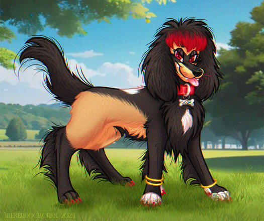 A drawing of a male spaniel/ferret hybrid dog standing in a green open field outdoors. He's looking at the viewer with a toothy smile, and his tongue sticking out.