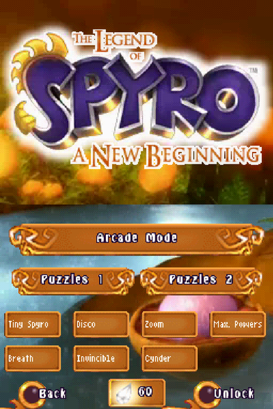 Screenshot from The Legend of Spyro: A New Beginning on DS showing I got all the shards and unlocked all in-game cheats, which you can do only by completing all the puzzles.