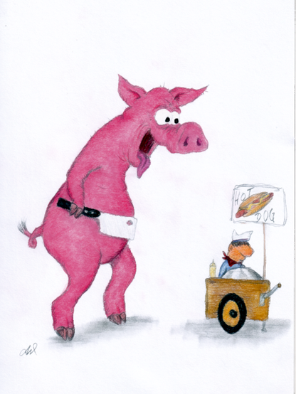 The image depicts a whimsical scene featuring a large, pink pig standing on its hind legs, holding a meat cleaver in its right hand. The pig has a grim expression, with its mouth open and eyes wide.The pig is facing a small hot dog cart, which is operated by a tiny figure dressed in a white chef's hat and a blue shirt with a red neckerchief. The cart has a sign that reads "HOT DOG" with an illustration of a hot dog. The background is plain white, emphasizing the characters. The pig's stance and expression suggest a humorous situation, possibly related to the hot dog cart.

Provided by @altbot, generated privately and locally using Ovis2-8B