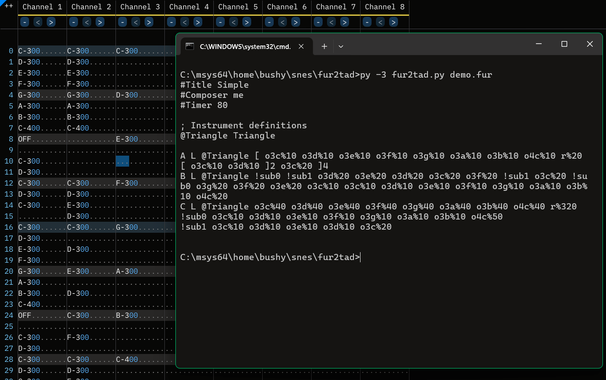 Screenshot of some music in Furnace alongside a terminal window in which that music has been converted to MML