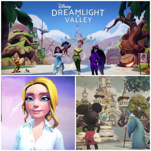 Ein zusammengesetztes Bild mit drei Szenen aus dem Videospiel "Disney Dreamlight Valley". Oben: Eine bunte Spielumgebung mit Palmen, einem Schloss im Hintergrund, Figuren wie Peter Pan, Tinkerbell und einer dunklen Fee sowie einem Piratenschiff. Mitte: Ein animierter Charakter mit blonden Haaren und einem weißen Hemd vor einem lila Himmel. Unten: Mickey Mouse und ein Zauberer mit Stab vor einem prächtigen Schloss mit Türmen und magischen Elementen.