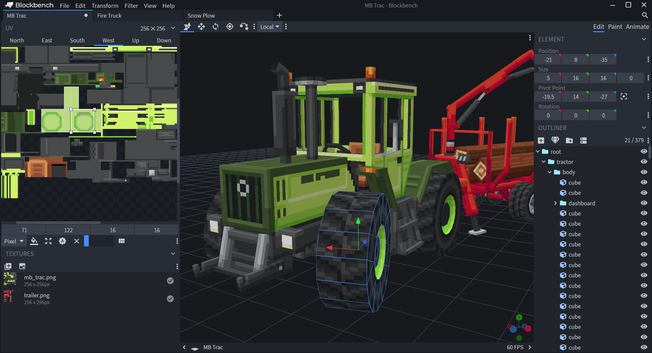 🕶️ A view of its UI (an image taken from the site) with the current editing of a pixelated 3D tractor with its trailer on the main central part, its textures and shapes on the left with the 2 elements below (tractor and trailer can be activated separately), on the right the parameters of the edited object (position, size, etc.) and below the project tree.

📚️ Blockbench is a libre, multiplatform, voxel-based 3D graphics editor aimed at designing low-poly models with pixel art textures. Its interface provides all the tools needed to create low-poly models, such as cuboids, mesh modelling tools for complex shapes, texture design and painting to dress them up, and animation (its animation editor lets you rig a model (create its skeleton) and use position, rotation and scale keyframes to bring it to life. Models can be exported in standardised formats for sharing, rendering, 3D printing or use in game engines. Its interface can be customised and enhanced using plugins.