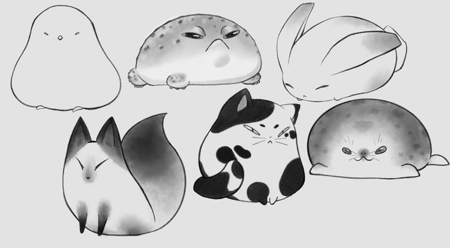 WIP of some blob guys that will eventually be Live2D pets. (A bird, frog, bunny, fox, cat, and seal)