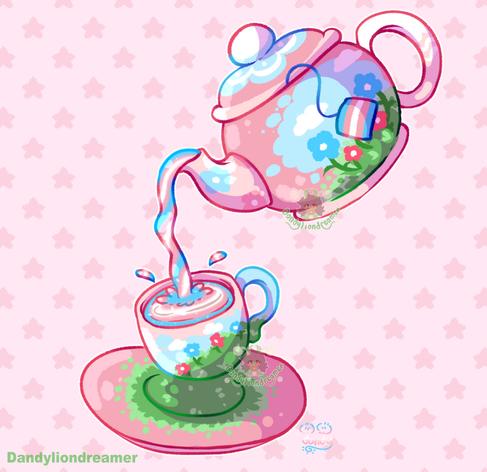 a drawing of a tea kettle pouring into a tea cup on a plate, the colors on all of it are all transgender colors 

the kettle and cup depict a flowery field with blue and pink flowers and a blue open sky with clouds on it, the kettle itself is pink

the tea is a colore trans colors, with a little tea bag that is the trans flag