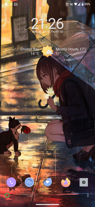A screenshot ofy fairphone showing a cat holding a wilting red rose in it's mouth and a girl with an umbrella kneeling down looking at the cat.