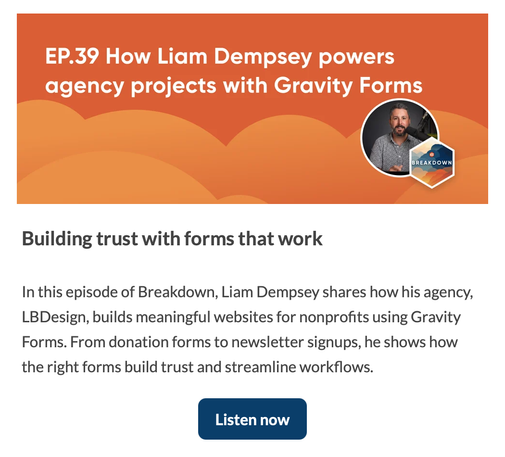 A screenshot of the episode description as captured from the Gravity Forms newsletter