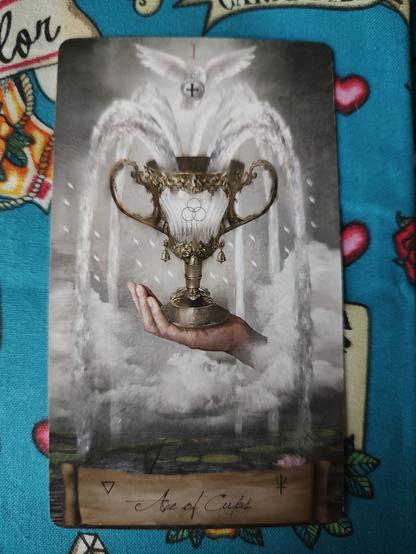 Card from the Heaven and Earth Tarot deck.
Ace of Cups.
A hand emerging from clouds, holding a large overflowing chalice (cup).