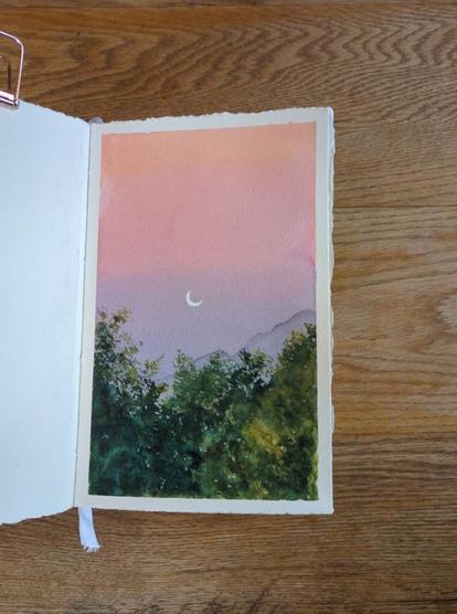 This is a watercolor landscape painting in portrait orientation in a Bella Classica Journal.  The sky is an array of twilight colors starting with an orangey yellow to pink to purpley blue. A crescent moon sits low in the sky and meets a  distant gray mountain. In the foreground are uneven tree tops in various shades and values of green.