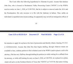 A document page from a legal brief discussing a hypothetical scenario involving a detainee named John Doe at a processing center. The text includes case information, legal citations, and details about immigration proceedings.
