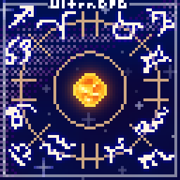 Pixel art of the sun in space surrounded by two rings and all of the zodiac symbols.