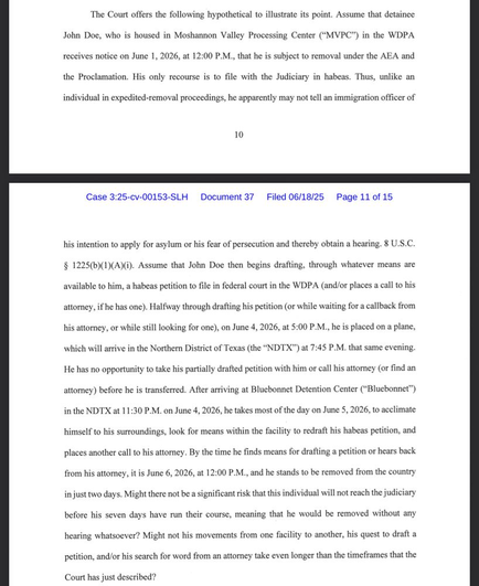A legal document discussing a hypothetical case involving a detainee, John Doe, in a processing center, outlining procedures related to asylum applications and the challenges faced in filing a habeas petition before potential removal from the country.
