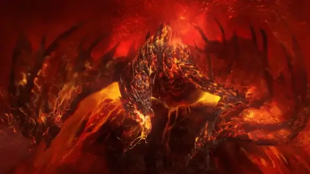 Concept art for the cancelled D&D video game from Hidden Path, featuring a massive dragon made out of magma and lava.