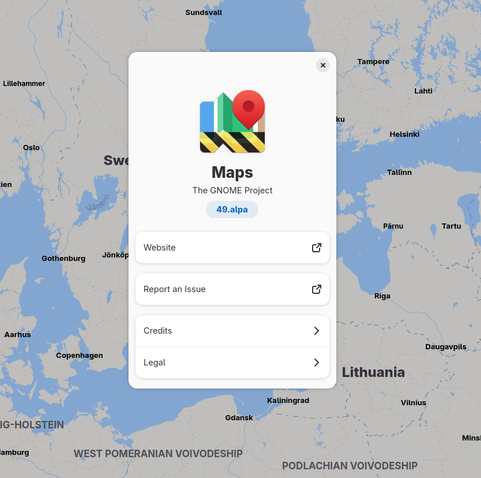 Showing about dialog for GNOME Maps 49.alpha.