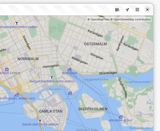 GNOME Maps showing a view of central Stockholm with some metro stations showing with the “T” logo.