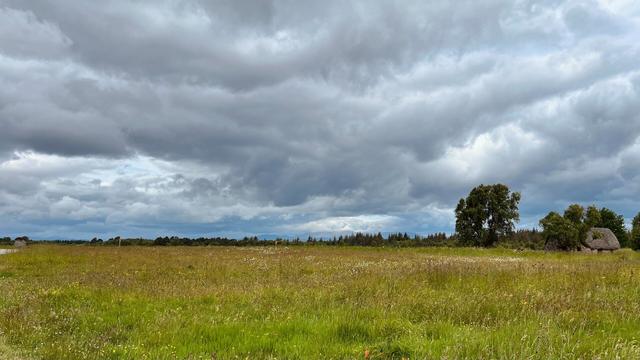 Culloden Battlefield. Memorial cairn left, Leanach Cottage right.