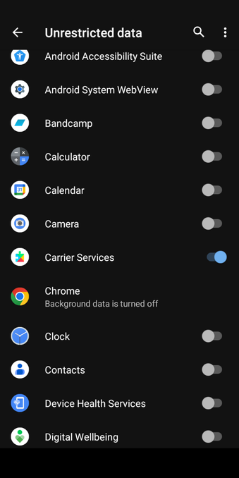 Data Saver showing that Carrier Services is in the on position for being an Unstricted Data app but looks like it can be toggled off